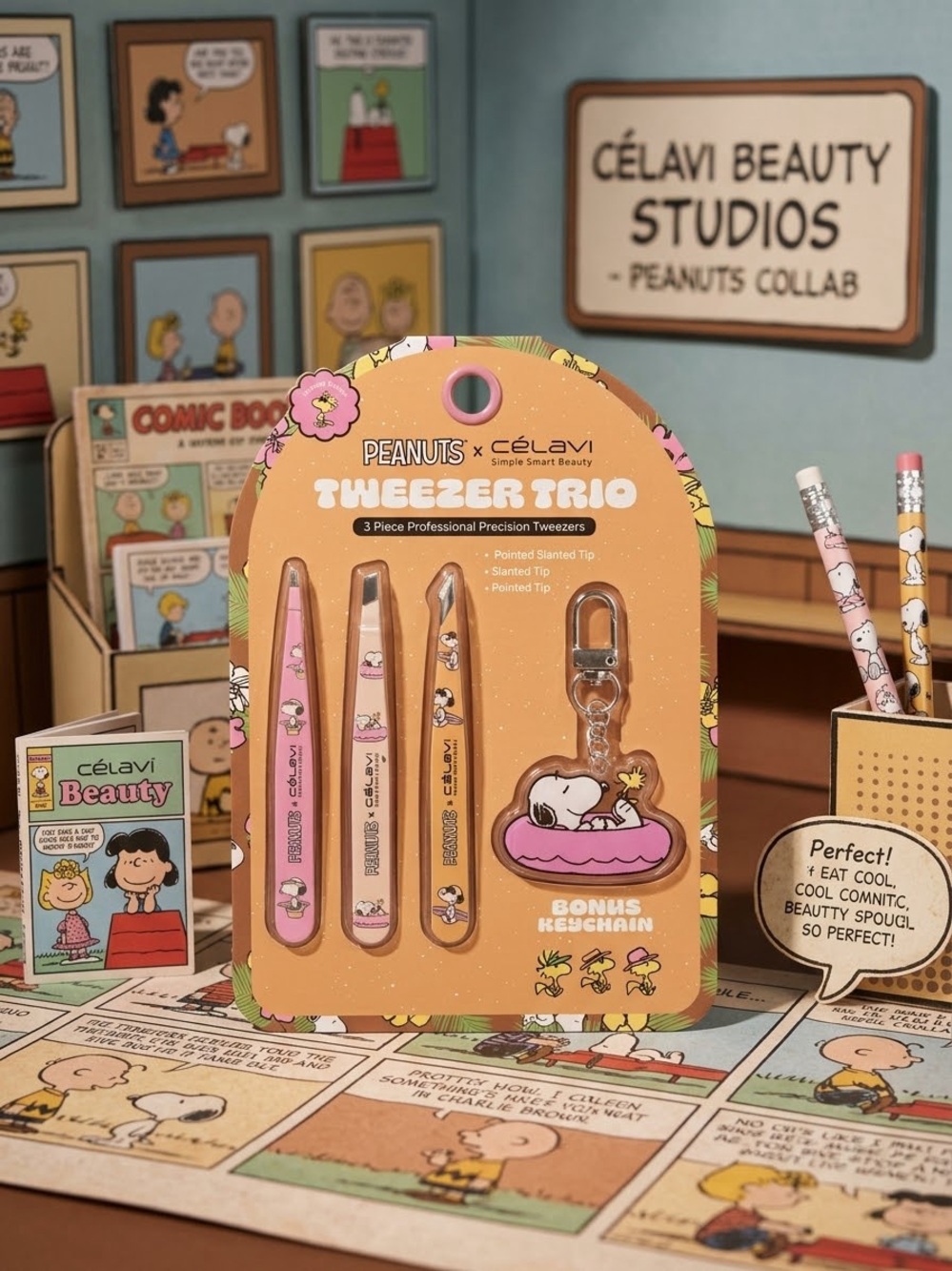 Peanuts x Célavi Pink and Peach Tweezer Trio with Snoopy Keychain